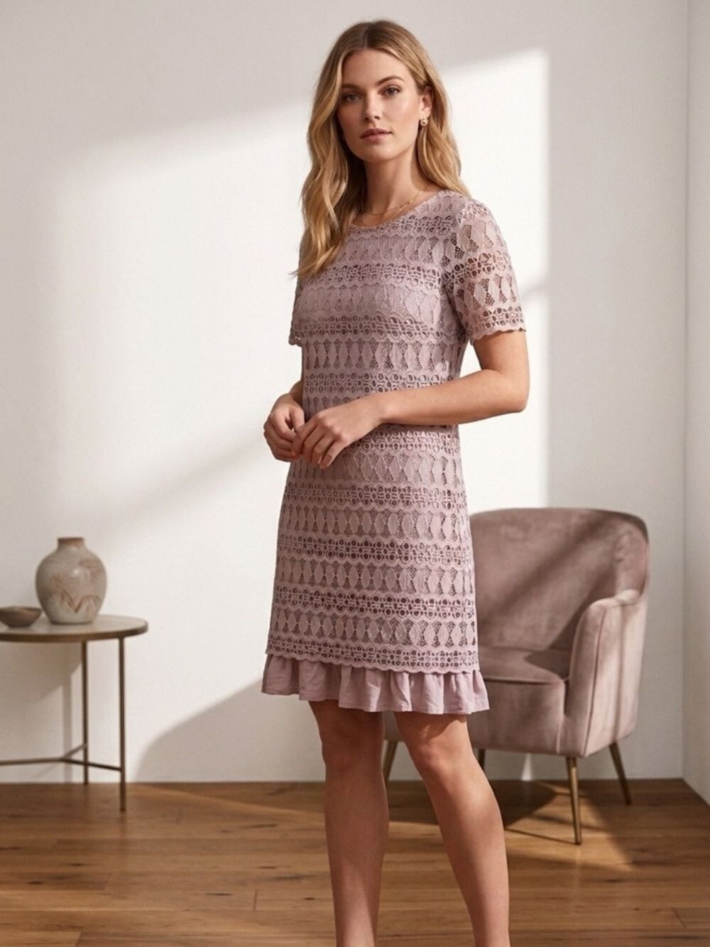 Orange Creek Mauve Lace Short Sleeve Layered Shift Midi Dress, size L